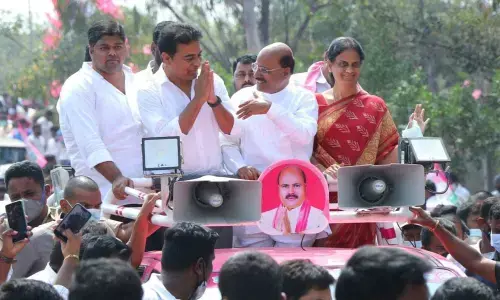 IT and Municipal & Urban Development Minister KTR along with Education Minister Sabitha Indra Reddy and MLA Manchireddy Kishan Reddy greeting people during their visit in Ibrahimpatnam on Wednesday IT and Municipal & Urban Development Minister KTR along with Education Minister Sabitha Indra Reddy and MLA Manchireddy Kishan Reddy greeting people during their visit in Ibrahimpatnam on Wednesday