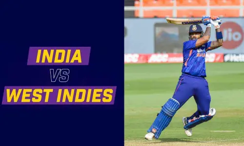 Indian player Suryakumar Yadav plays a shot during the second ODI match against West Indies, at the Narendra Modi Stadium, in Ahmedabad on Wednesday