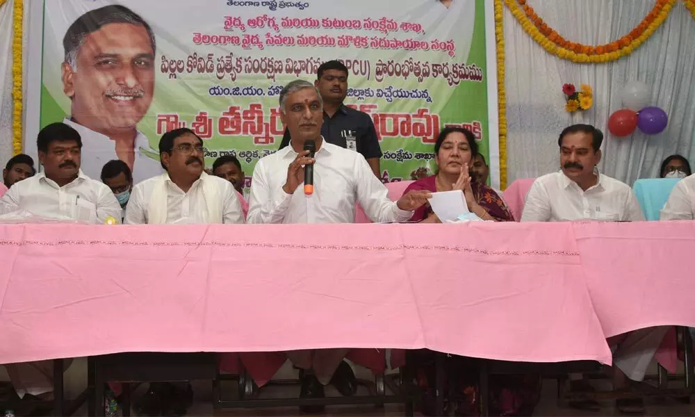 Minister for Finance and Health T Harish Rao addressing a press conference in Warangal on Thursday