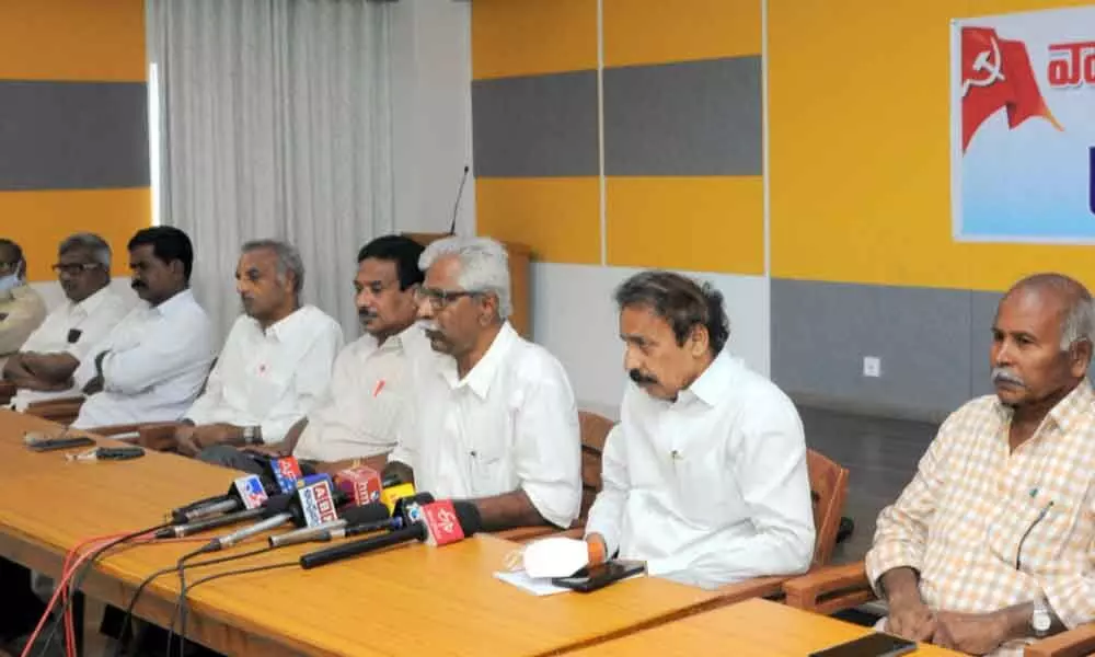 CPM state secretary V Srinivasa Rao ,  CPI state secretary K Ramakrishna and other Left parties’ state leaders addressing a press conference in Vijayawada on Thursday