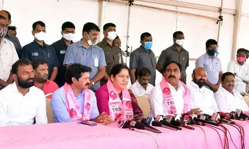 Minister for Panchayat Raj and Rural Development Errabelli Dayakar Rao speaking to media persons in Jangaon on Thursday