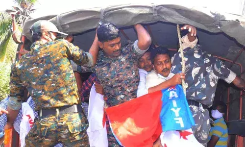 Police shifting students and youth leaders to police station after taking them into custody in Ongole on Thursday