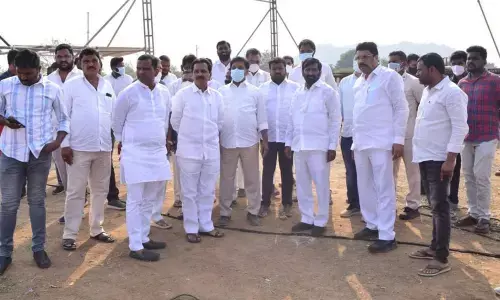 Minister Jagadish Reddy along with MLAs P Shekar Reddy and Gadari Kishore inspecting the arrangements Chief Minister K Chandrashekar Rao’s public meeting to be held in Bhongir on February 12