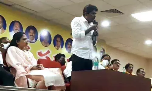 TDP state SC cell president MS Raju speaking at the ‘Dalita Pratighatana Sadassu’ in Visakhapatnam on Thursday.