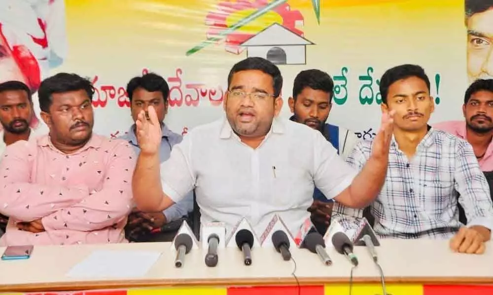 Telugu Yuvata district president K Tirumala Naidu addressing the media in Nellore on Friday