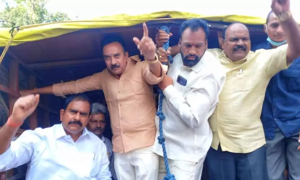 TDP leaders who went to meet P Ashok Babu who is in custody, being arrested at CID office in Guntur on Friday