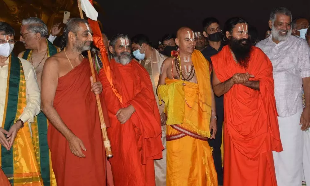Tamil Nadu Governor R N Ravi and Ramdev Baba take part in Sri Ramanuja Sahasrabdi celebrations at Muchintal in Hyderabad on Friday. Photo: Ch Prabhu das