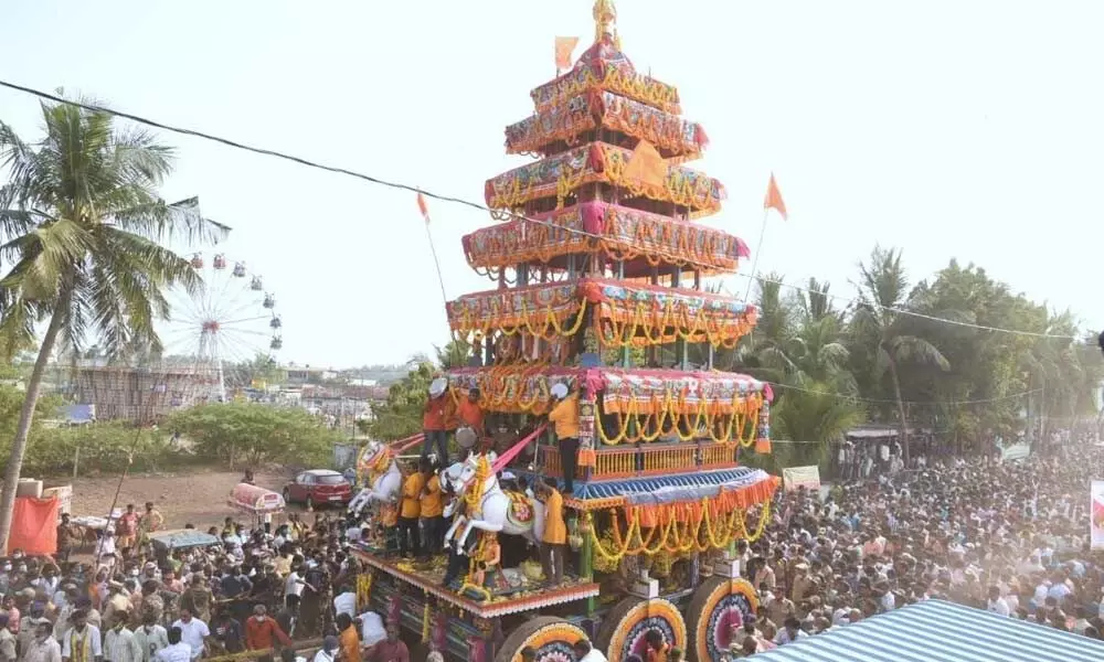 Crowds of devotees taking part in Ratha Yatra of Sri Lakshmi Narasimha Swamy at Antarvedi in East Godavari district on Saturday