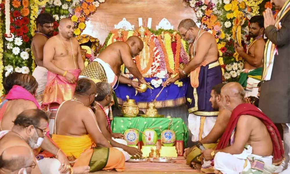 Priests performing Sri Lakshmi Narasimha Swamy kalyanam at Antarvedi on Saturday