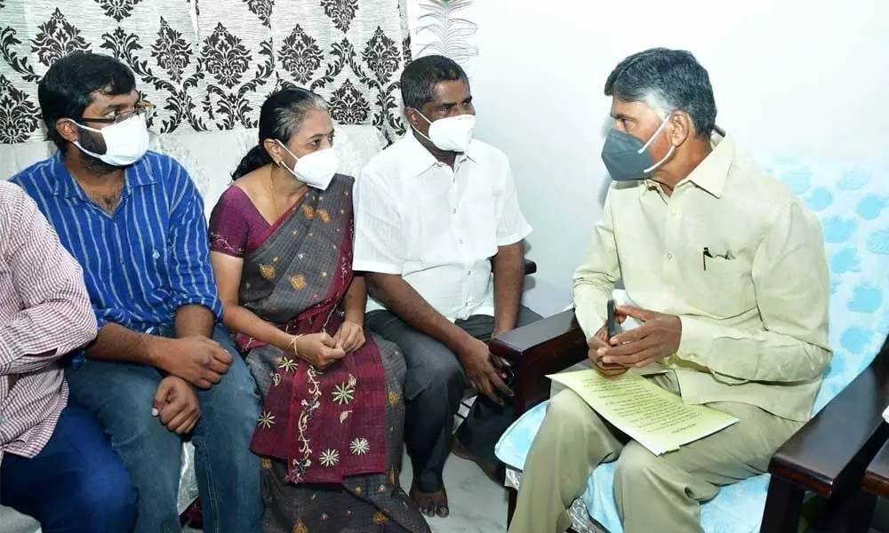 TDP president N Chandrababu Naidu calls calls on party MLC P Ashok Babu  at his house  in Vijayawada on Saturday