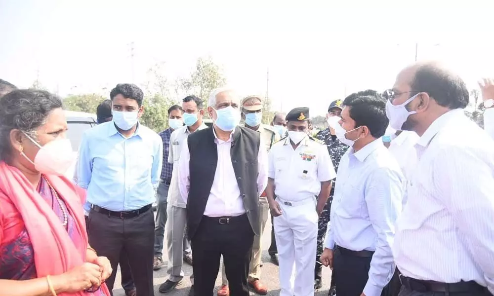 Chief Secretary of Andhra Pradesh Sameer Sharma along with District Collector, A Mallikarjuna, GVMC Commissioner G Lakshmisha, among others in Visakhapatnam on Saturday