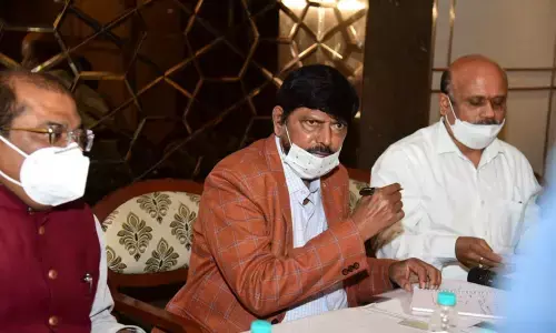 Union minister of state for social justice and empowerment Ramdas Athawale addressing a press conference in Vijayawada on Saturday