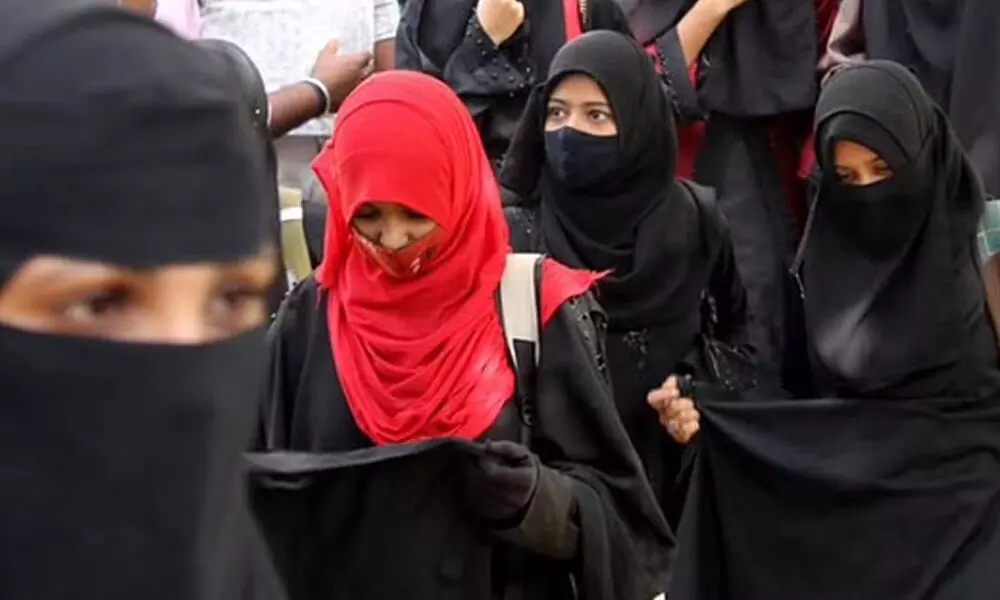 Students comes out of government college in Shivamogga during the hijab protest, in Karnataka.