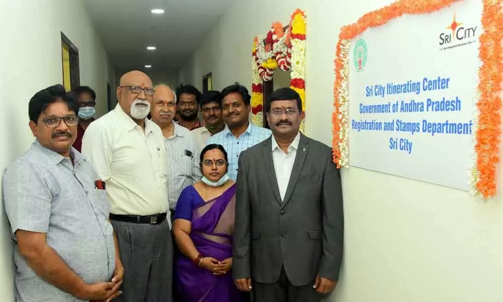 District Registrar P V N Babu, Sri City Vice President C Ramesh Kumar and others at the  inauguration of the itinerating centre of the Sub-Registrar office in Sri City on Monday.