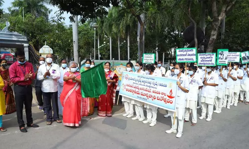 SVIMS Director Vengamma inaugurating students rally held as part of International Epilepsy Day at SVIMS Hospital in Tirupati on Monday