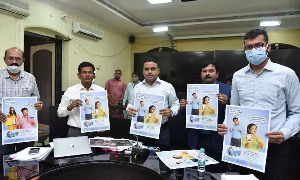 District Collector Vivek Yadav, Joint Collector AS Dinesh Kumar, trainee Collector Subham Bansal and Lead Bank Manager Edara Rambabu releasing posters at the Collectorate in Guntur on Monday