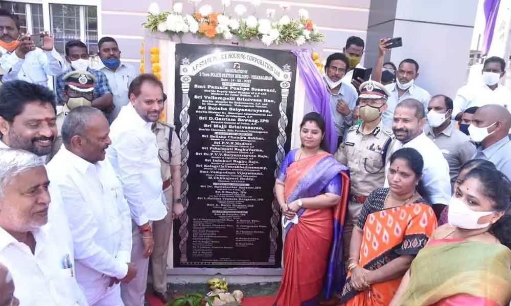 Deputy Chief Minister P Pushpasreevani and DGP D Gautham Sawang at the inaugural function of the new Two Town Police Station building in Vizianagaram on Monday
