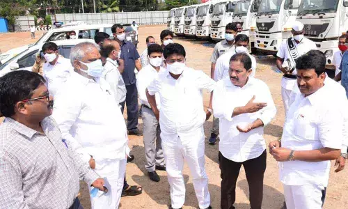 Ministers P Viswaroop, Audimulapu Suresh and Vellampalli Srinivas, MLA Malladi Vishnu and officials inspecting the ongoing works of Dr BR Ambedkar Memorial at PWD Ground in Vijayawada on Monday 	Photo: Ch Venkata Mastan