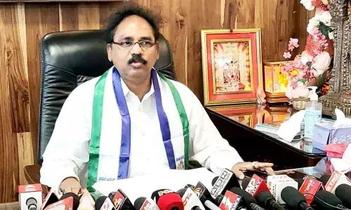 MLA Vasupalli Ganesh Kumar addressing the media in Visakhapatnam on Monday