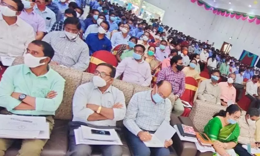 Officials at workshop on Spandana in Srikakulam on Tuesday