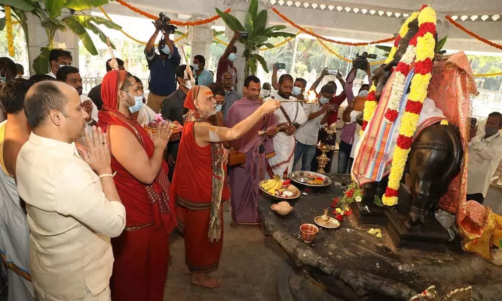 Visakha Sarada Peetham seer Swaroopanandendra Saraswathi Swamy offering prayers at the Go Mandir at Alipiri on Tuesday