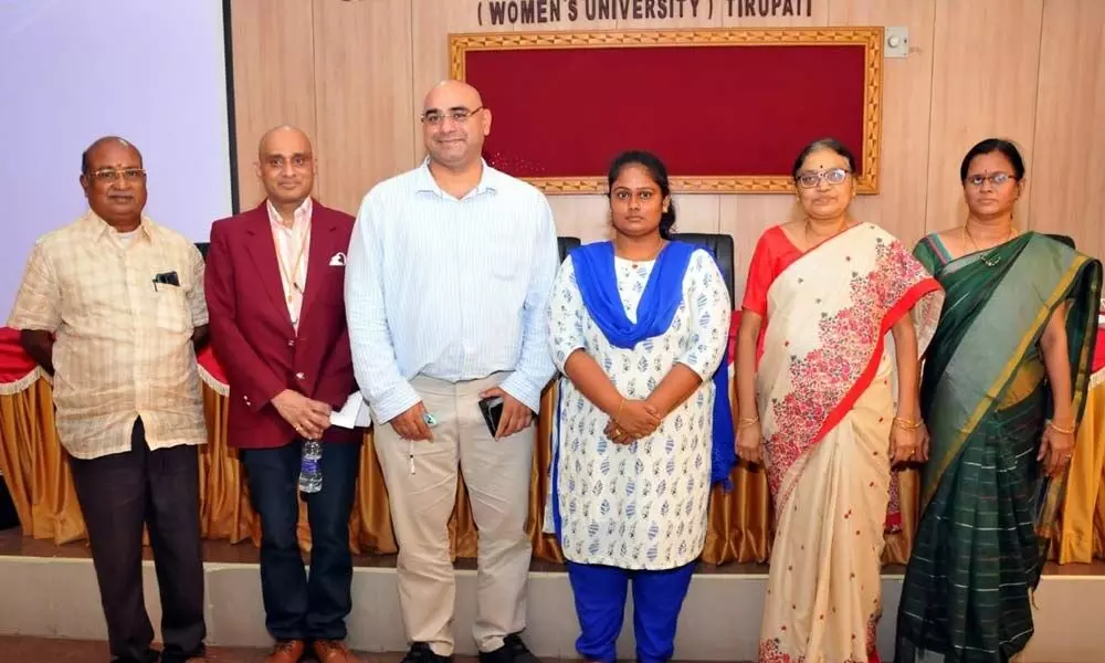 SPMVV Professors J Katyayani and T Shobha Rani with Dr Sudhir Voleti and other dignitaries at the workshop on Tuesday
