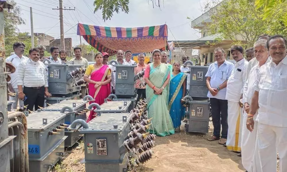 MLA R K Roja at the electricity office at Nagari in Chittoor district on Tuesday