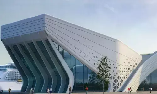 A model of the cruise terminal which is coming up at Visakhapatnam Port