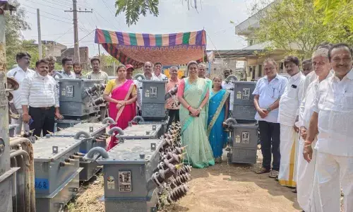 MLA R K Roja at the electricity office at Nagari in Chittoor district on Tuesday