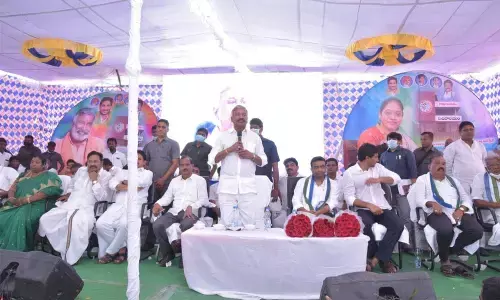 Minister Peddireddi Ramachandra Reddy speaking at a meeting at Gamalapadu village on Tuesday. MP Lavu Sri Krishnadevarayulu, Rajya Sabha Member Mopidevi Venkata Ramana Rao, MLAs Dr Gopireddy Srinivasa Reddy, Bolla Brahmanaidu, Kasu Mahesh Reddy and MLC Janga Krishna Murthy are also seen