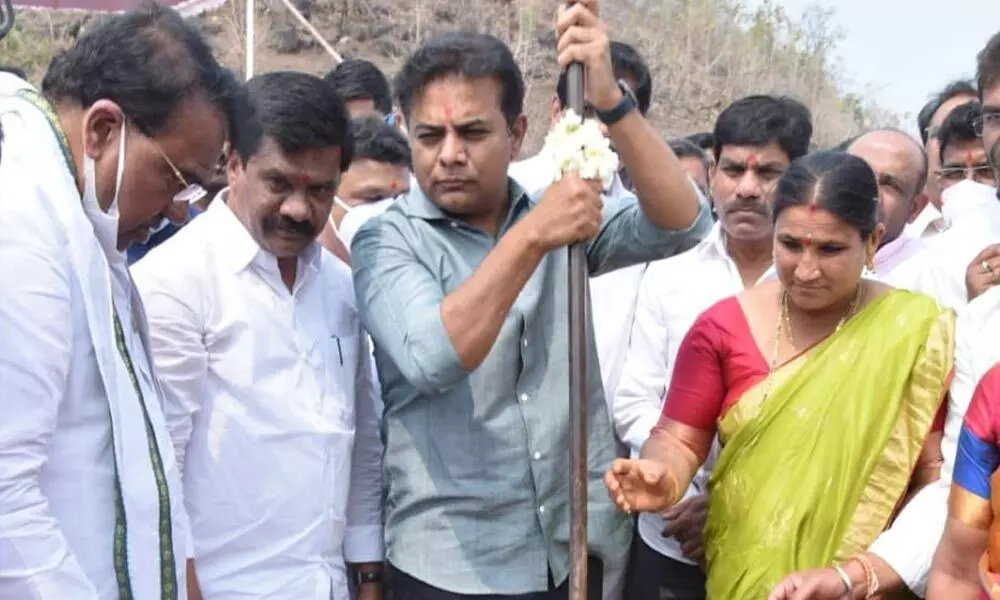 MA&UD Minister KT Rama Rao laying the foundation stone for Siddapur Reservoir in Varni mandal on Wednesday on Wednesday