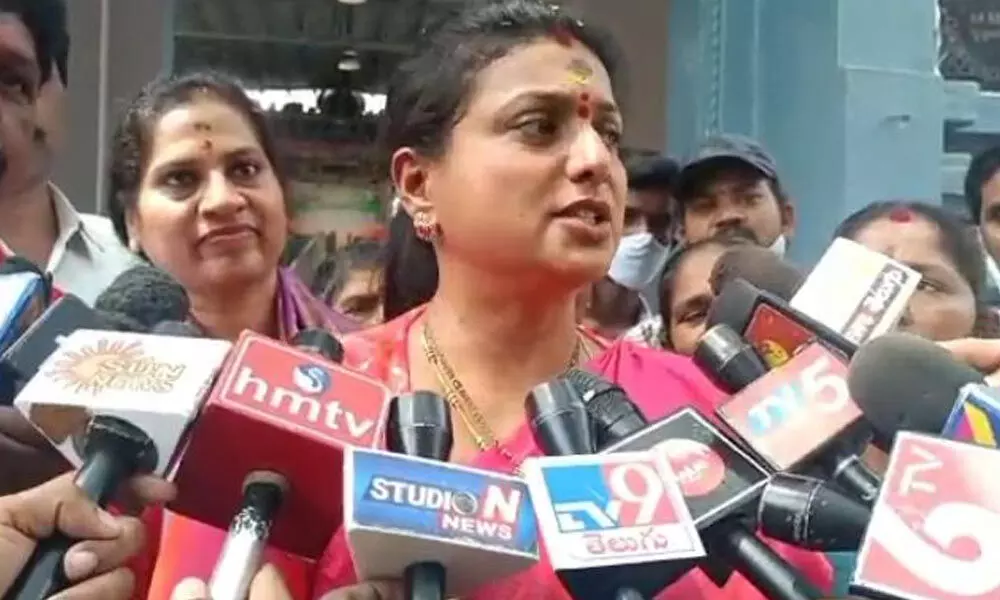 Nagari MLA R K Roja speaking to media at Thathaiah Gunta Gangamma temple in Tirupati on Wednesday