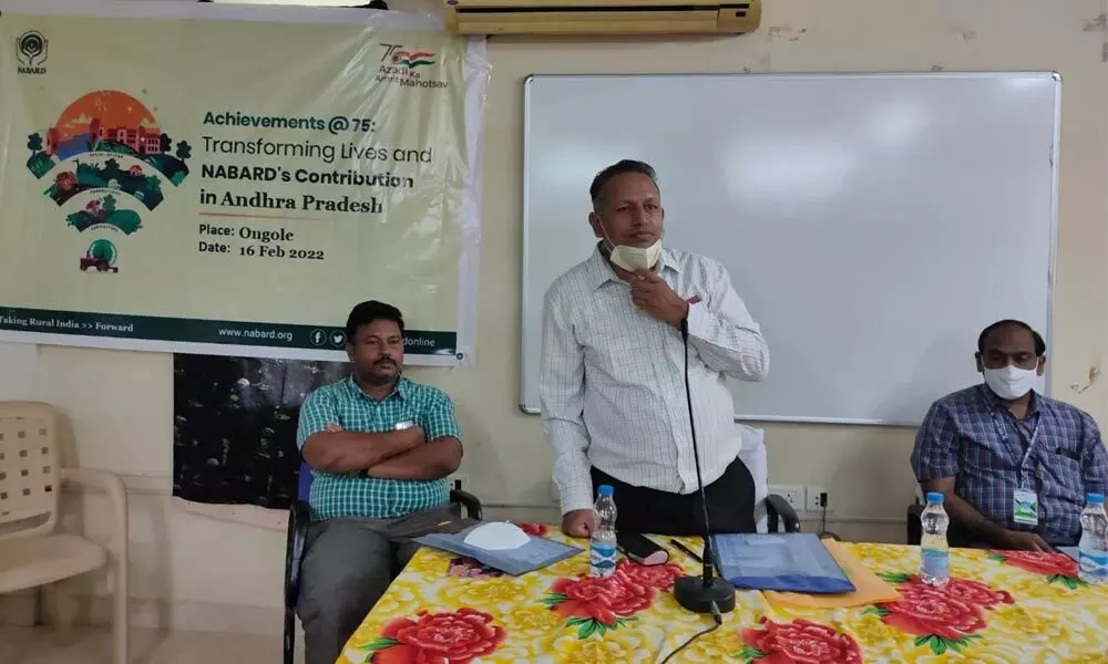NABARD DDM Venkata Ramana speaking at Azadi ka Amrut Mahotsav at Rural Development and Self Employment Training Institute in Ongole on Wednesday