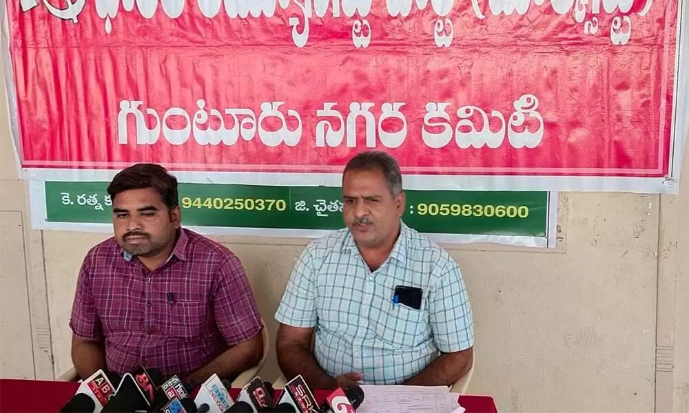 CPM Guntur city secretary K Nalinikanth addressing the media in Guntur on Wednesday