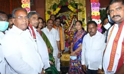 Home Minister M Sucharita and former MP Modugula Venugopala Reddy participating in Sri Lakshmi Thirupathamma and Gopaiah Swamy vari 10th Kalyana Mahotsavam at Reddypalem in Guntur on Wednesday