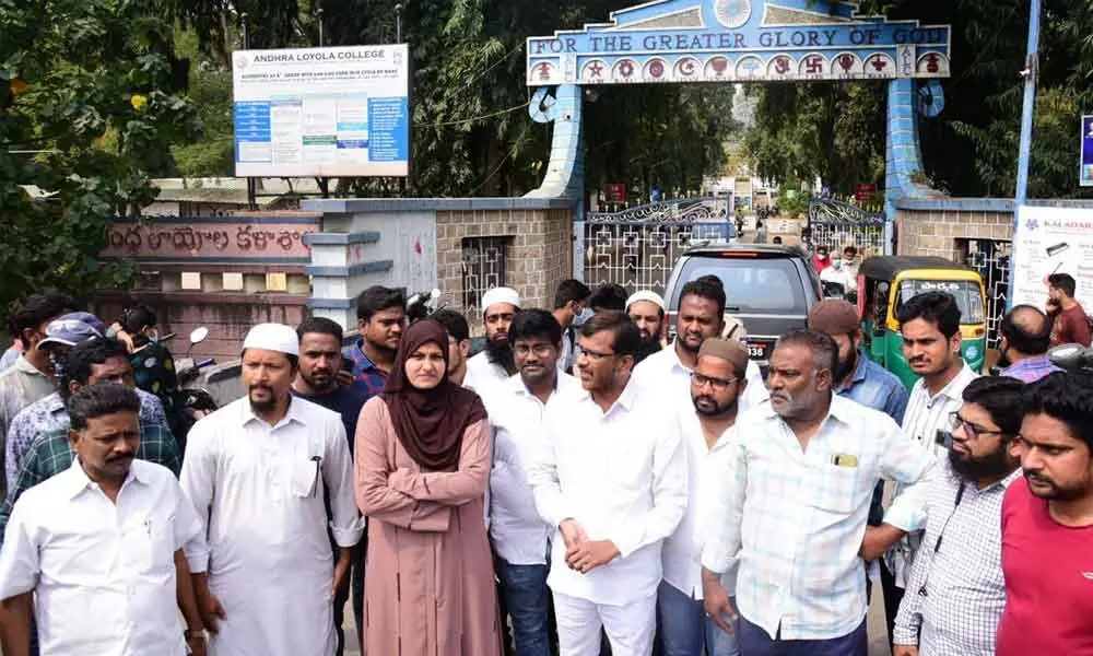 Muslim elders reach Andhra Loyola College over burkha controversy, in Vijayawada on Thursday