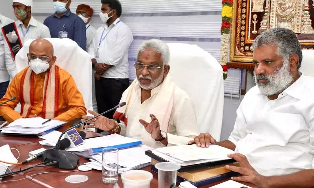 TTD chairman  Y V  Subba Reddy addressing the media on board meeting At Annamayya Bhavan in Tirumala on Thursday