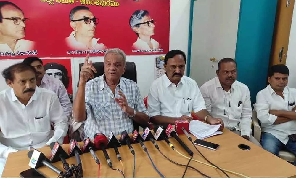 CPI national secretary K Narayana, party state secretary K Ramakrishna and other party leaders address a press conference in Anantapur on Thursday