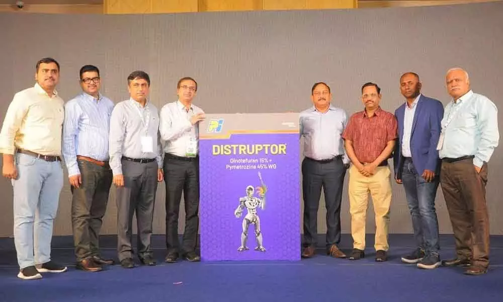 Officals of agrochemicals company PI Industries launching latest technology product ‘Distruptor’ at Novotel hotel in Vijayawada on Thursday