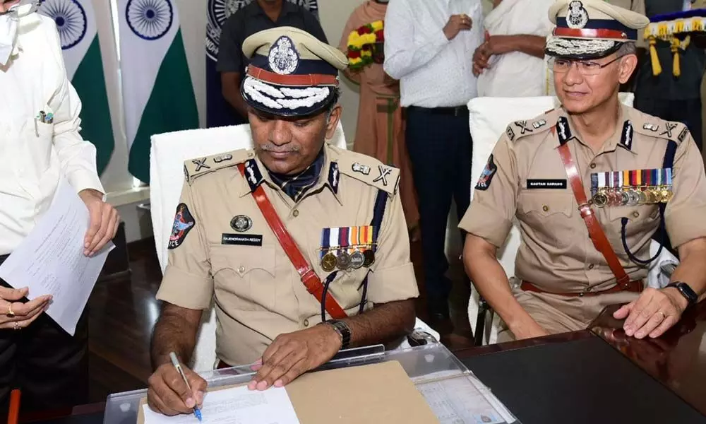 K Venkata Rajendranath Reddy takes charge as new DGP at the state police office in Mangalagiri on Saturday