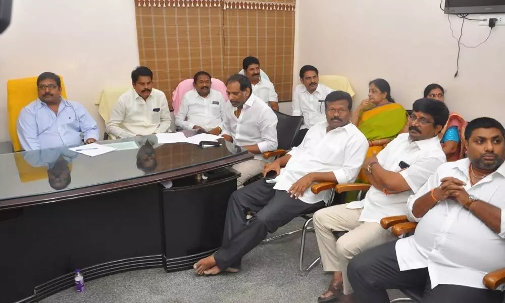 TDP leaders from Prakasam district participating in the coordination committee meeting held in NTR bhavan at Ongole on Saturday