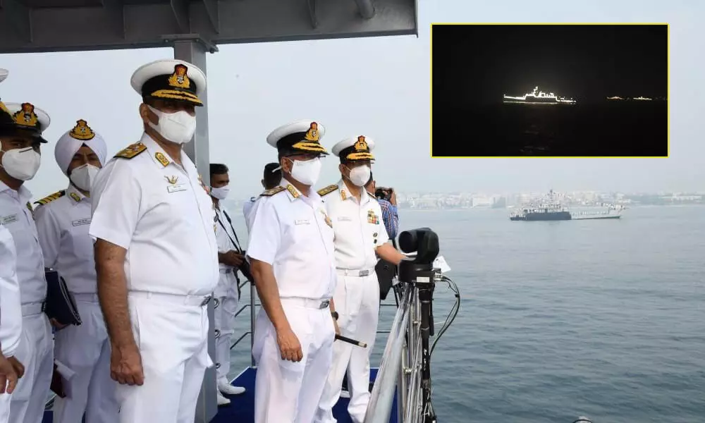 Flag Officer Commanding-in-Chief, Eastern Naval Command Vice Admiral Biswajit Dasgupta reviewing the final rehearsal of the PFR in Visakhapatnam
