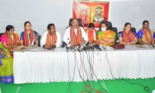 Kanaka Durga temple trust board chairman P Somi Naidu speaking to media on the decisions of board, at the temple on Saturday