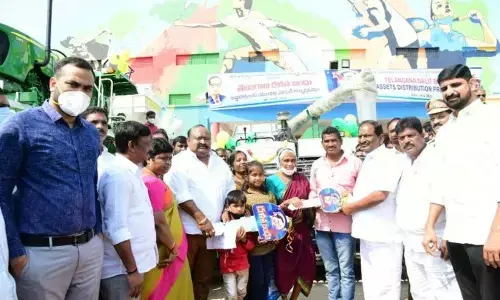 Ministers K Eshwar and G Kamalakar Srinivas distributed Dalit Bandhu units in Karimnagar on Saturday