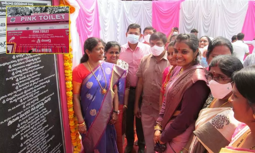 MP Vanga Geetha inaugurating pink toilets at Ramraopet in Kakinada on Sunday
