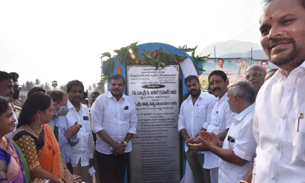 Ministers Botcha Satyanarayana and P Anil Kumar inaugurating  works of Thotapalli project in Vizianagaram on Sunday