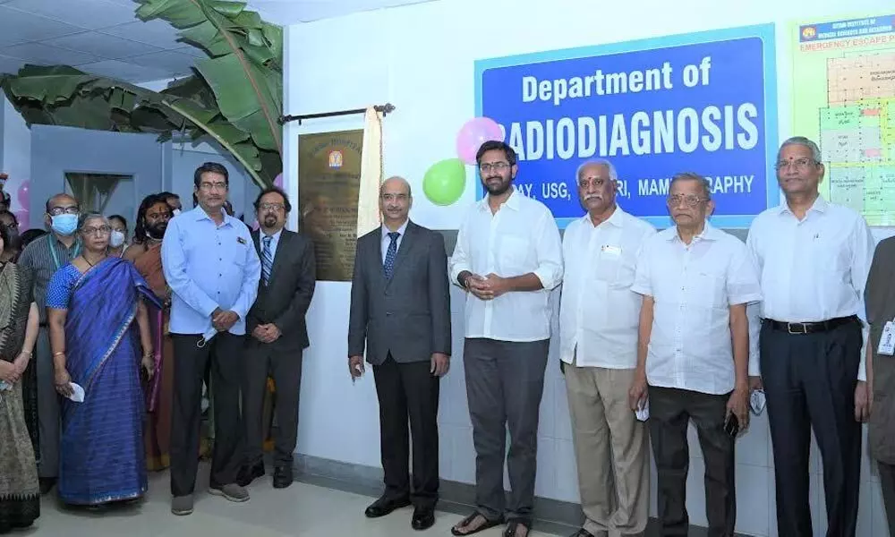 GITAM president M Sribharath and Vice-Chancellor K Sivaramakrishna and others at the launch of the radiodiagnosis department in Visakhapatnam on Sunday