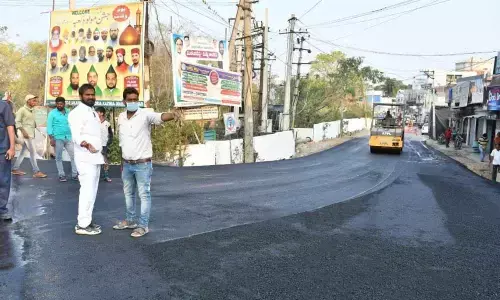Excise Minister Dr V Srinivas Goud inspecting the construction of BT Road in Shashagutta in Mahbubnagar on Sunday