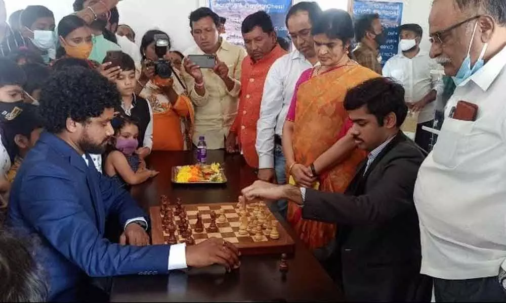 State Grandmaster Arjun at the inaugural of Genius Chess Academy in Karimnagar on Monday