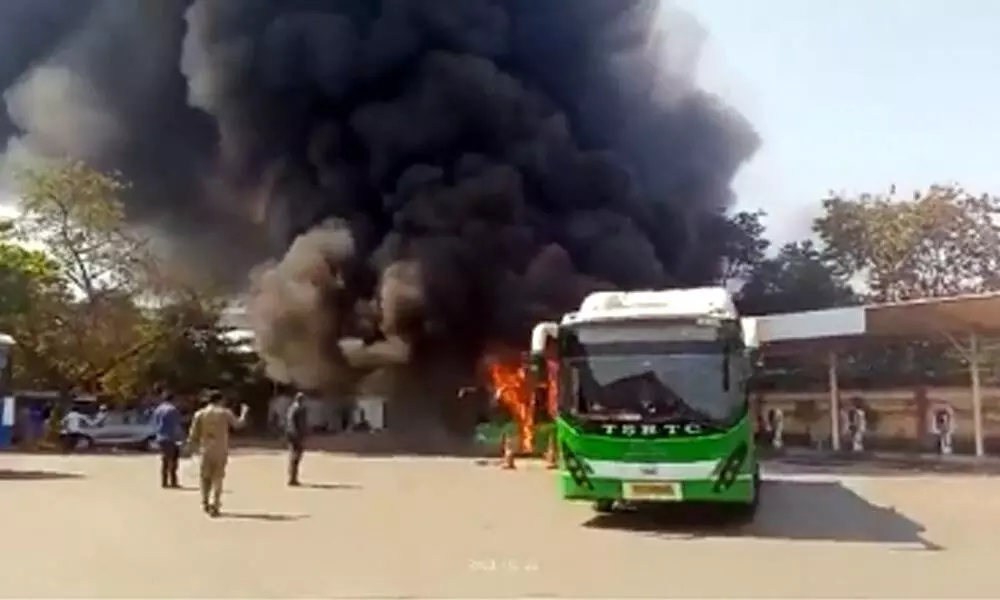TSRTC bus catches fire on Lalapet flyover, no casualties